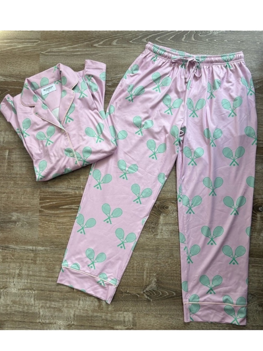 Runway Athletics Womens Satin Long Sleeve Pajamas Tennis Shirt and Pants Large